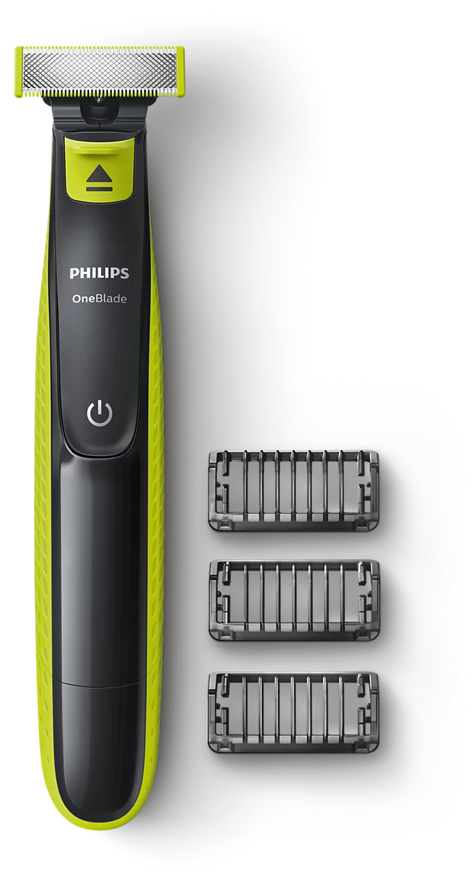 جهاز Philips OneBlade الأخضر والأسود مع ثلاثة أمشاط تشذيب